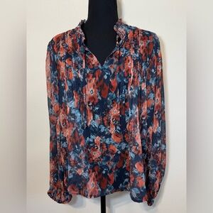 Sam Edelman~ Women’s Sheer Front Tie V-Neck long Sleeve Floral Blouse Size Large